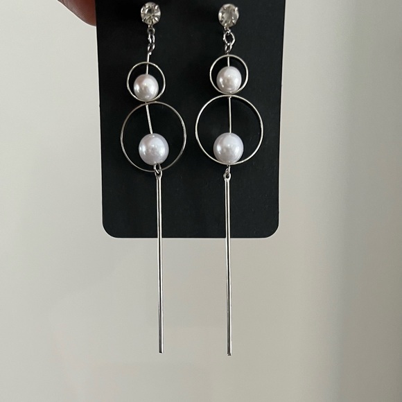 Silver Mod Rhinestone Dangle Earrings - Picture 2 of 2